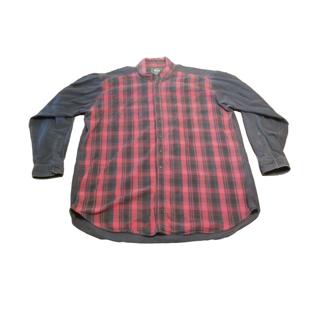 Woolrich Flannel Shirt Men's Size 2XL Long Gray Red Plaid Made In USA Vintage